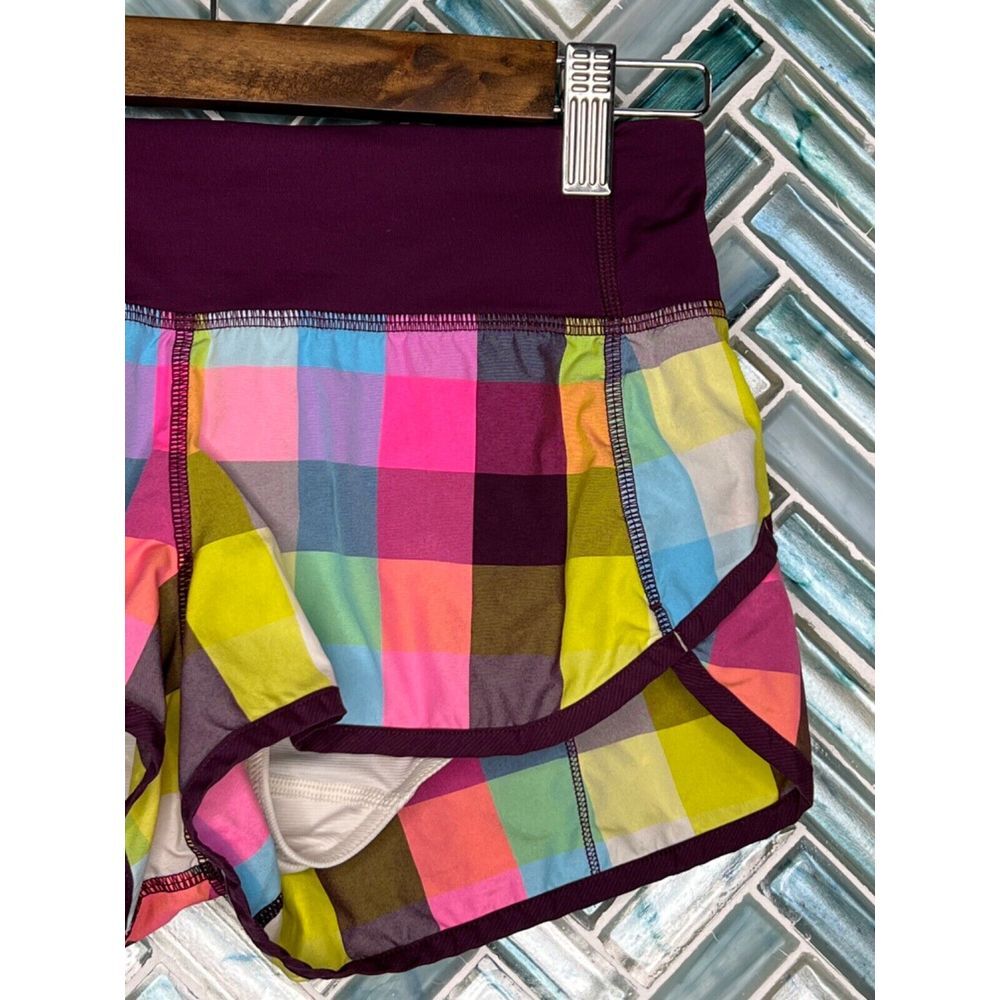 LULULEMON SPEED SHORTS SEA CHECK MULTI PLUM PLAID 2.5" SIZE 2 RUNNING ACTIVE - Picture 4 of 12